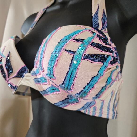 Victoria's Secret 36B Bombshell Bikini Top Blue White Pink Fern Palm Swim Sequin - Picture 4 of 9